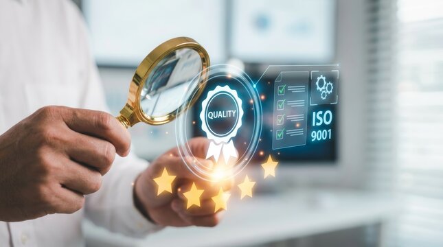 Businessman inspecting digital iso certification standard for quality assurance compliance. Virtual management control system guaranteeing excellence. Business inspection data with 5 star approval.