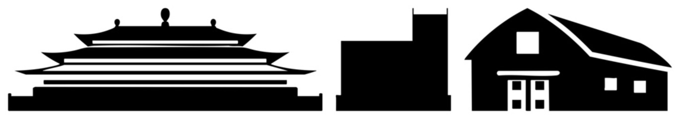 Obraz premium Black vector of, skyscraper, barn, architectural, flat design, building shapes, urban rural contrast.