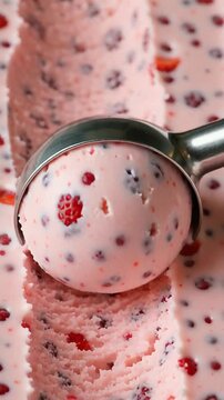 Close-up of pink strawberry ice cream with fruit pieces and a metal scoop creating a textured swirl, conveying freshness and indulgence