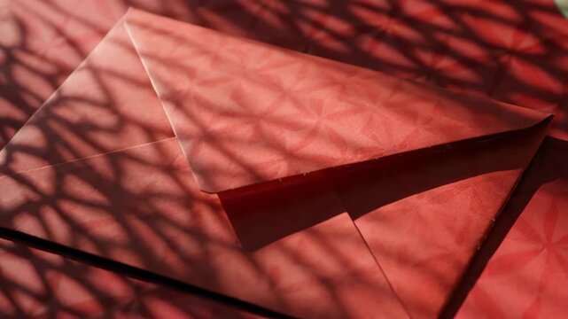 Close-up of red envelopes with intricate patterns, casting shadows on a surface, creating an artistic and moody atmosphere