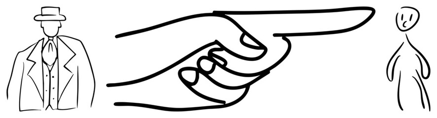 Accusatory gesture pointing finger at stick figure, formal man in hat watching, minimalist art, accusation scene, finger gesture, pointing hand, witness figure.