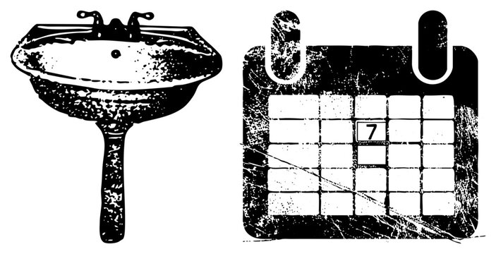 Classic bathroom sink with faucet, retro calendar showing date 7, distressed texture, illustration, bathroom fixture, timekeeping tool.