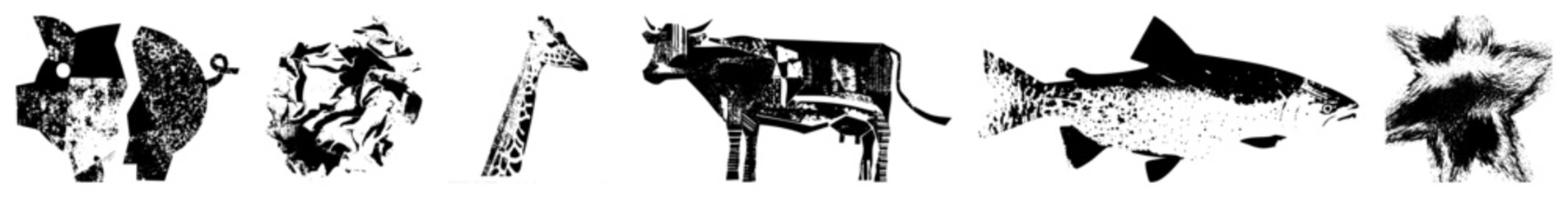 Obraz premium Vector animal cutouts with fragmented shapes, giraffe, cow, salmon, fox, pig, and bird, rendered in high contrast black and white, abstract design, isolated foreground elements.