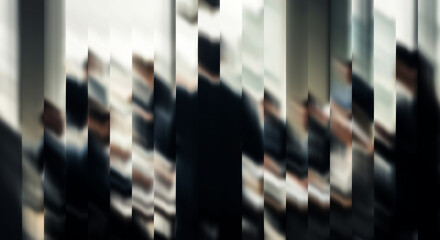 Obraz premium Blurred crowd of professionals in business attire walking in modern office corridor