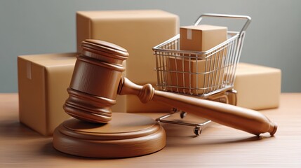 Realistic 3D Rendering of Wooden Gavel and Shopping Cart with Cardboard Boxes on a Table