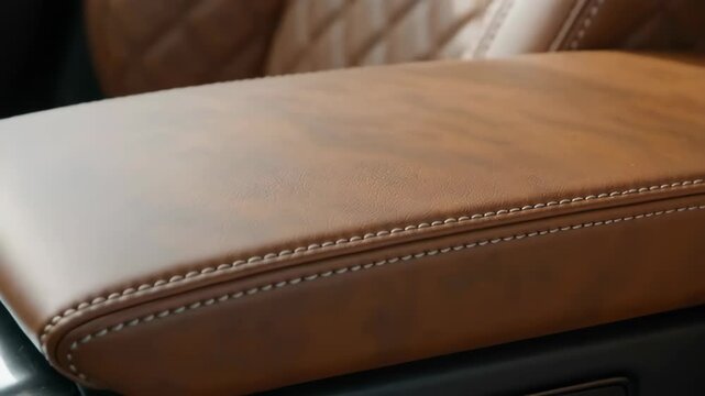 Close-up view of a beautifully textured brown leather armrest with detailed stitching in a modern vehicle interior