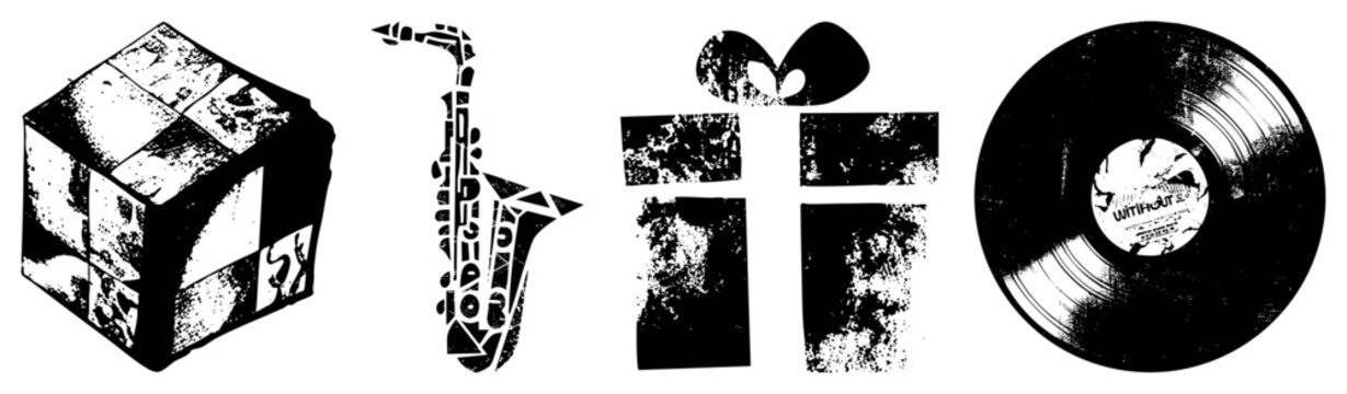Distressed black and white vector of music culture &rsquo;s cube, saxophone, gift box, vinyl record with gritty texture, ideal for retro design or album art.