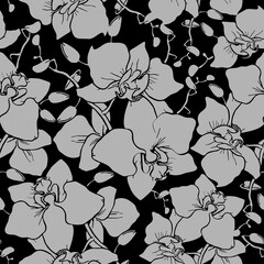 seamless pattern of large gray silhouettes of orchids on a black background, texture, design