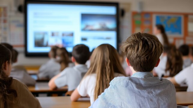 Engaged Students in a High School Classroom Watching a Presentation on a Large Screen Display