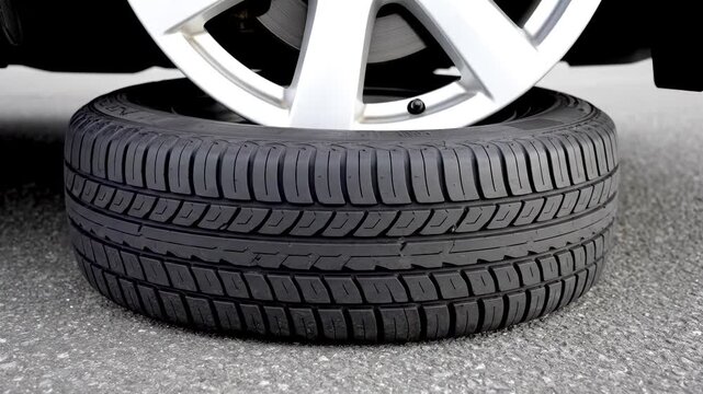 Low Angle Timelapse Of Flat Car Wheel Inflating On Pavement As Rubber Firms And Rim Lifts Showing Restored Driving Readiness