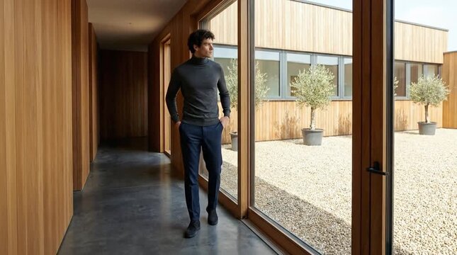 Stylish Man Walking in Modern Hallway with Floor-to-Ceiling Windows, Glimpsing a Serene Courtyard with Olive Trees and Contemporary Architecture