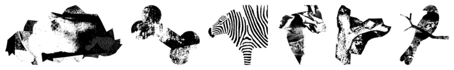 Naklejka premium Abstract animal forms rendered in fragmented halftone, stylized wildlife, graphic design elements, vector art, black and white composition, isolated animal motifs.