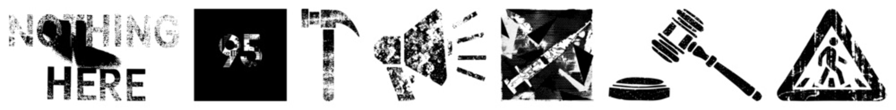 Distressed vector including hammer, megaphone, swords, gavel, pedestrian sign, and number 95, all in gritty style.