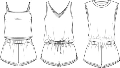 Fashion flat sketches of women's pajama sets with camisole and shorts on white background Keywords: fashion, sketch, flat © MST Hasina