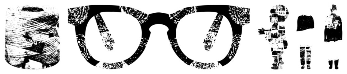 Obraz premium Graphic vector illustration of eyeglasses and fragmented human forms, halftone texture,, stylized silhouette, isolated design elements, artistic composition.