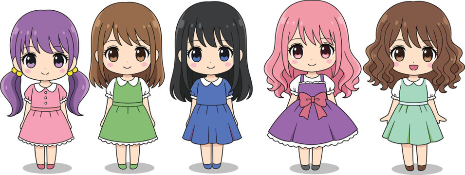 Collection of cute chibi anime girl characters in colorful dresses for kawaii mascot design, Japanese manga stickers, children's fashion illustrations, and digital avatar creation.