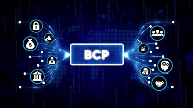 Business Continuity Planning BCP Concept with Digital Icons and Futuristic Network Background