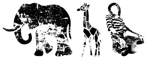 Naklejka premium Distressed black and white animal with textured noise, stylized wildlife, graphic design elements, vector art, animal cutouts, stencil effect, isolated figures.