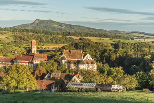 Schloss Blumenfeld castle and village with Hohenstoffeln volcano, Baden-Wuerttemberg, Germany
