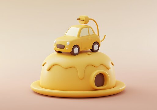 Creative yellow cake decorated with a toy car on top resembling an electric vehicle