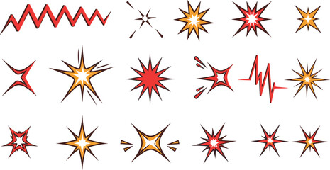 Comic Explosion Burst Shape Illustration Set Featuring Dynamic Starbursts Zigzag Effects and Action Impact Elements for Pop Art Comics Motion Graphics and Design © MstSuborna
