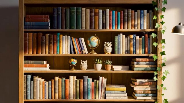 Static Timelapse Of Empty Wooden Bookshelf Filling With Colorful Hardcover Books And Decor Under Warm Cozy Library Lighting