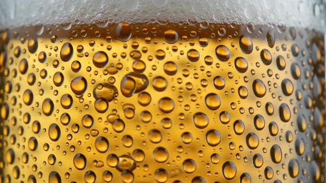 Close-up view of refreshing beer with condensation droplets on a glass surface, showcasing a golden amber color and foamy head