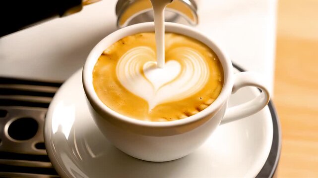 Top Down Timelapse Of Empty Coffee Cup Filling With Espresso And Steamed Milk Forming Perfect Heart Latte Art With Rising Steam