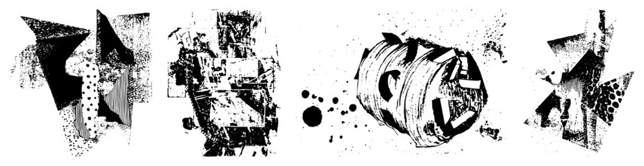 Fototapeta premium Fragmented black and white shapes with halftone dots, striped, and splattered textures, abstract composition, graphic design elements, vector art.