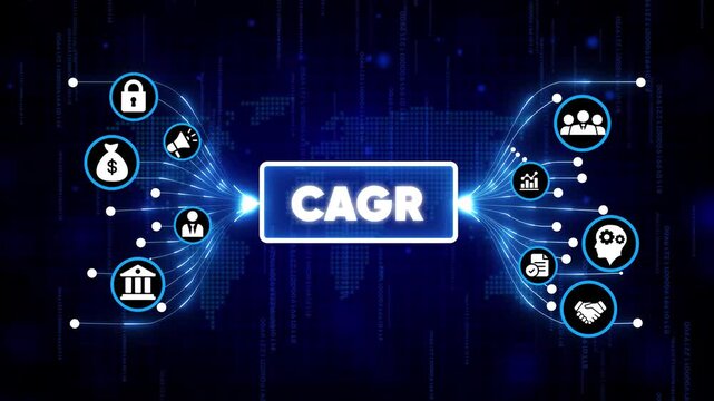 CAGR compound annual growth rate business concept with financial icons and digital network background futuristic technology