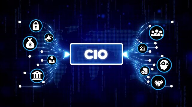 Chief Information Officer CIO digital transformation technology icons futuristic business innovation leadership strategy data analytics cybersecurity