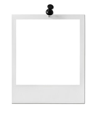 Vintage Polaroid, instant photo frame isolated in transparent PNG, polaroid frame pinned with a black pin - isolated design element