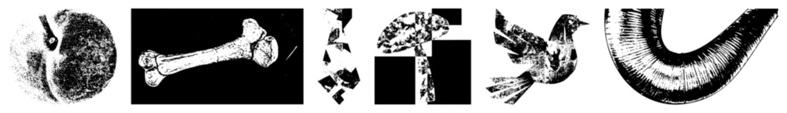 Vector art featuring fragmented shapes, halftone, and stylized forms, ideal for graphic design, digital art, or UI elements. Includes bone, bird, pipe, and abstract motifs.