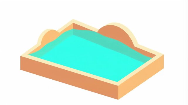 Colorful isometric swimming pool design with a vibrant blue water, set against a soft pastel background, showcasing a serene atmosphere