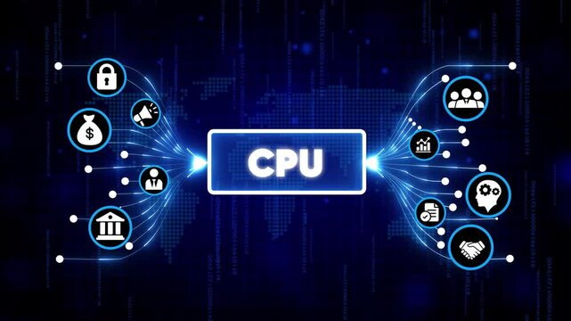 Central Processing Unit CPU chip technology digital concept with glowing icons for business, innovation, and data processing in futuristic blue neon light