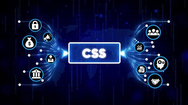 CSS coding technology concept with digital web development icons and futuristic blue background for programming and design