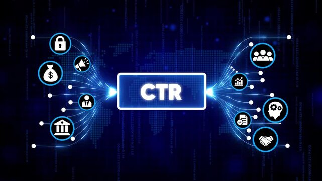 Digital click-through rate CTR concept with business icons and glowing tech background for marketing analytics and performance metrics