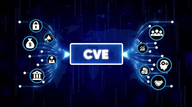 Cybersecurity vulnerability concept with CVE shield and digital network icons on futuristic dark blue background