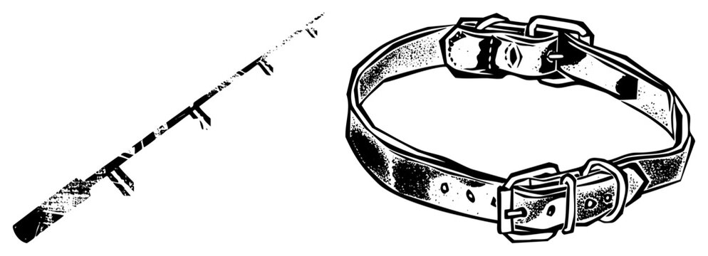 Classic fishing rod with textured grip and leather dog collar with buckle, both rendered in bold art, isolated vector graphics for design use.