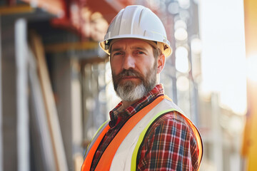 Fototapeta premium Construction worker wearing safety helmet and reflective vest, standing at construction site, confident professional pose.