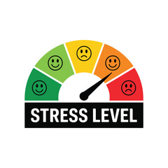 Stress level gauge vector meter measuring high anxiety, burnout risk, and mental health pressure.