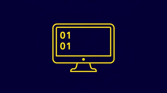 Binary Code on Computer Digital Data and Programming, Outline Vector Icon Animation of Desktop PC with Binary Data Display