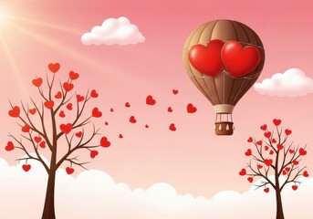 Obraz premium Romantic hot air balloon with heart shaped balloons floating gently
