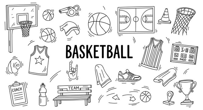 Collection of hand-drawn basketball elements and equipment on a white background