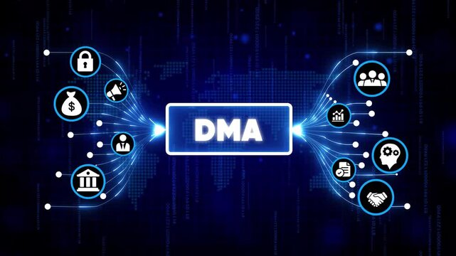 Digital marketing automation icons with DMA concept in futuristic tech network background blue glow