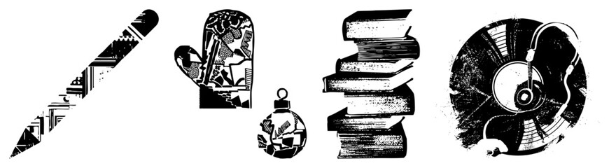 Black and white vector featuring geometric on a pencil, oven mitt, ornament, stacked books, and vinyl record with headphones. Abstract, stylized, design elements.