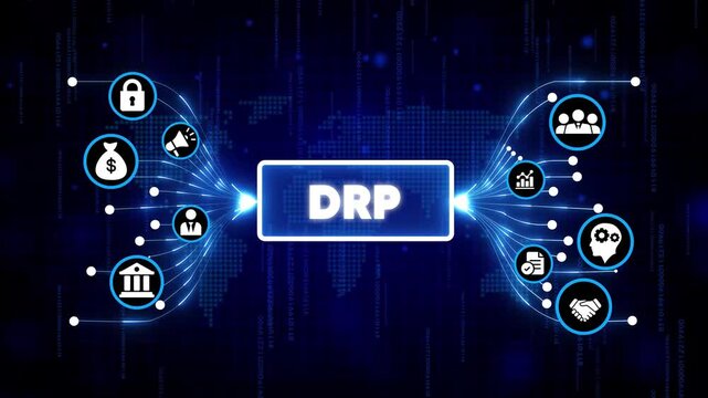 Decentralized finance DRP blockchain technology concept with futuristic digital icons and glowing blue network background