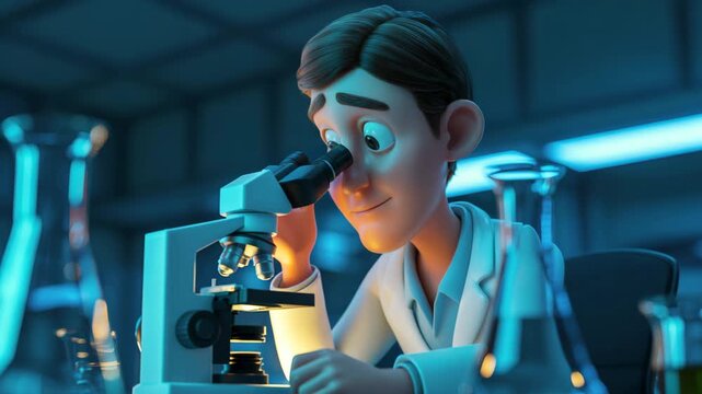 Doctor cartoon scientist working in lab using microscope with focus