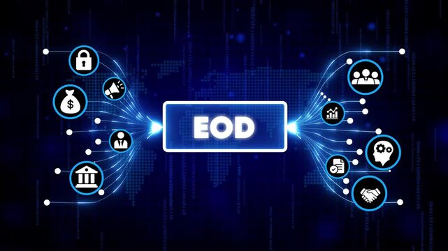 End of Day EOD Business Analytics Dashboard with Digital Icons and Financial Data Hologram in Dark Blue Tech Background