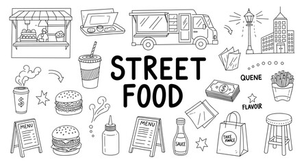 Fototapeta premium Collection of hand-drawn street food icons and elements for design